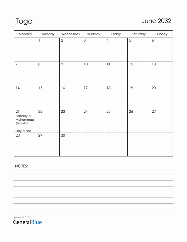 June 2032 Togo Calendar with Holidays (Monday Start)