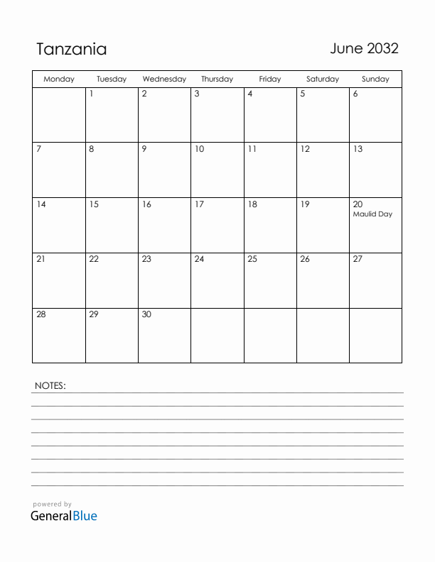 June 2032 Tanzania Calendar with Holidays (Monday Start)