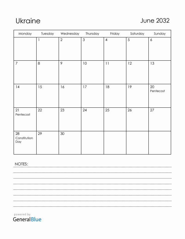 June 2032 Ukraine Calendar with Holidays (Monday Start)
