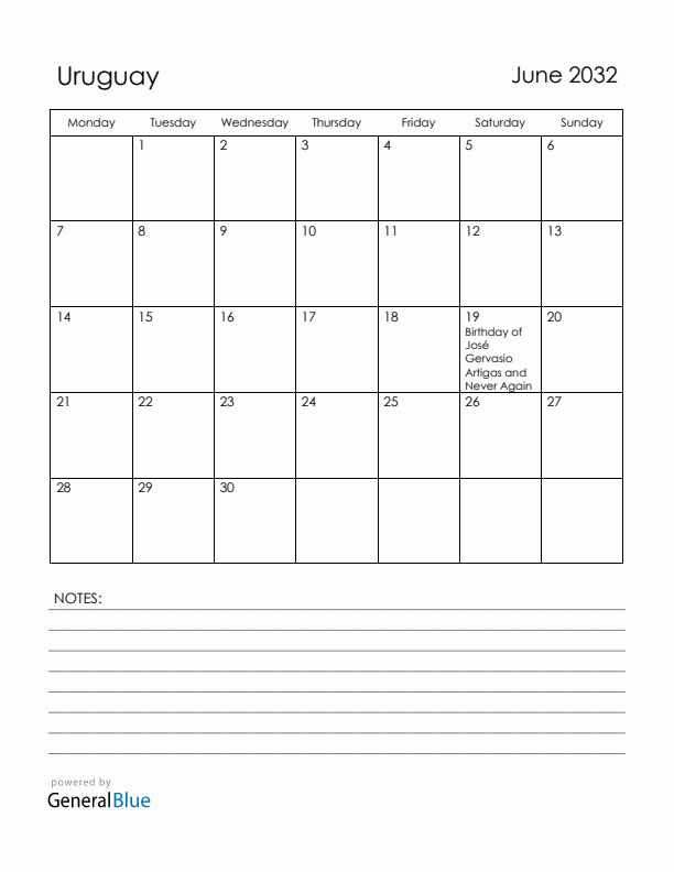 June 2032 Uruguay Calendar with Holidays (Monday Start)