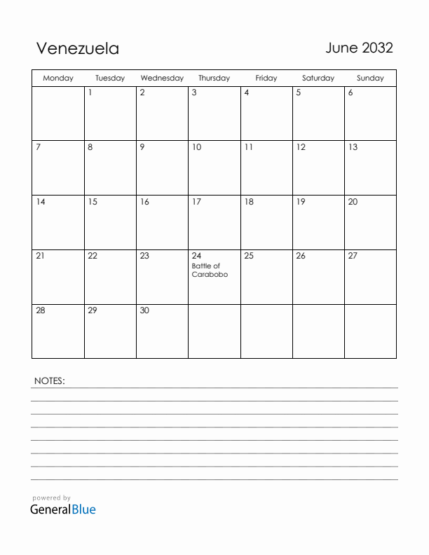 June 2032 Venezuela Calendar with Holidays (Monday Start)