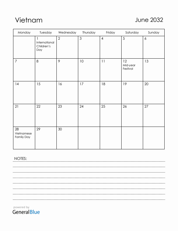 June 2032 Vietnam Calendar with Holidays (Monday Start)