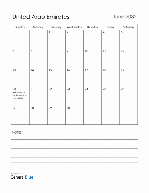 June 2032 United Arab Emirates Calendar with Holidays (Sunday Start)