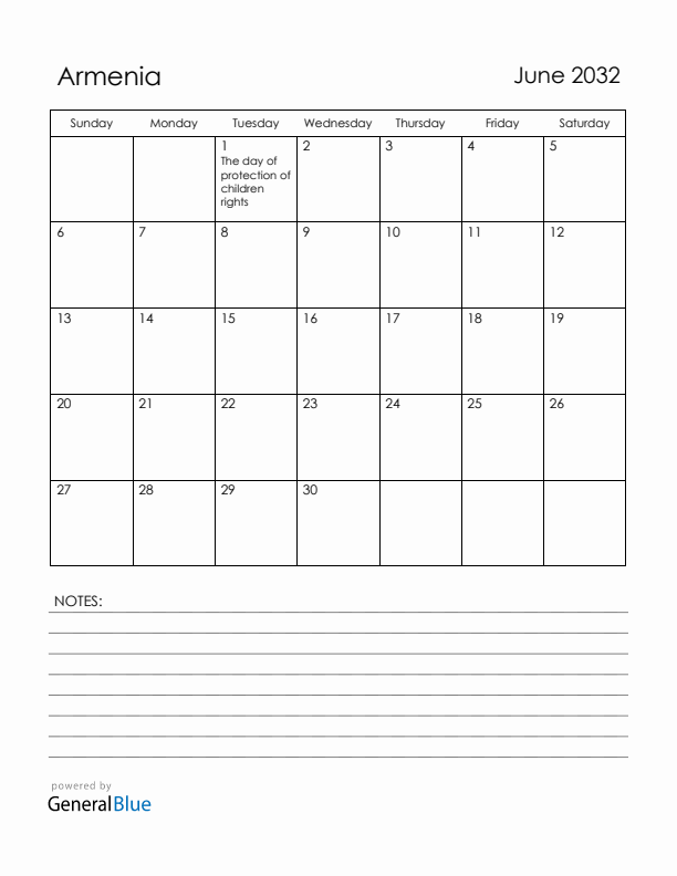 June 2032 Armenia Calendar with Holidays (Sunday Start)