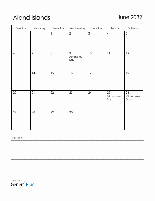 June 2032 Aland Islands Calendar with Holidays (Sunday Start)