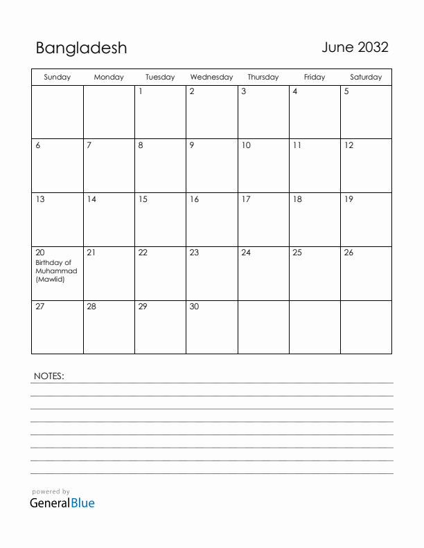 June 2032 Bangladesh Calendar with Holidays (Sunday Start)