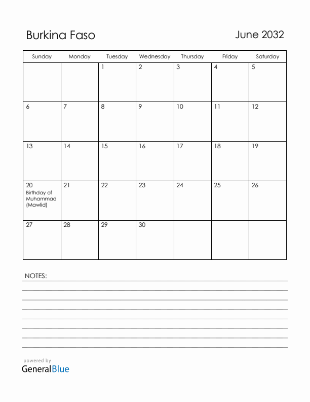 June 2032 Burkina Faso Calendar with Holidays (Sunday Start)