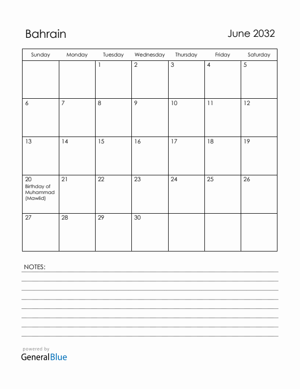 June 2032 Bahrain Calendar with Holidays (Sunday Start)