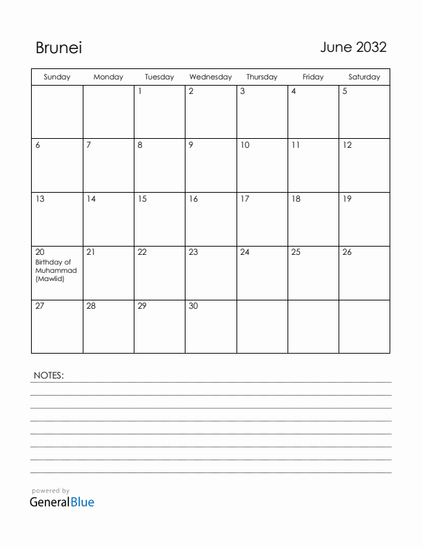 June 2032 Brunei Calendar with Holidays (Sunday Start)