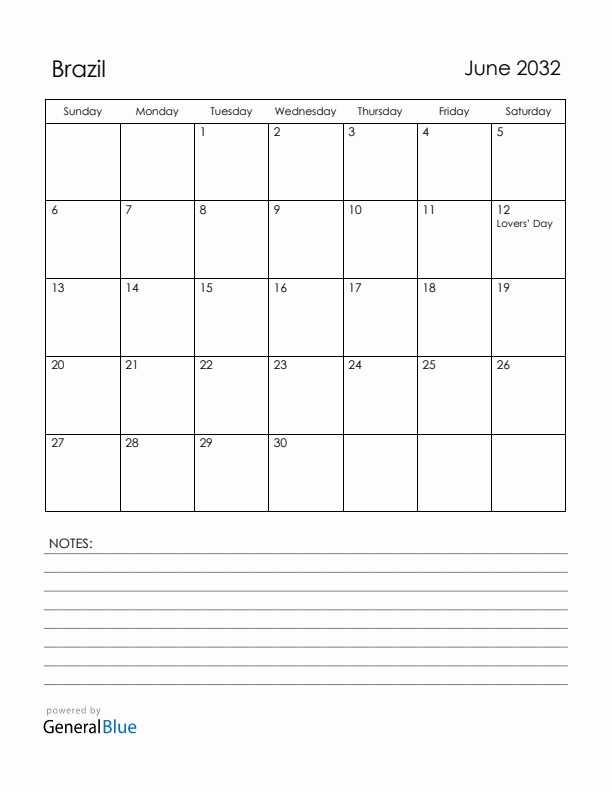 June 2032 Brazil Calendar with Holidays (Sunday Start)