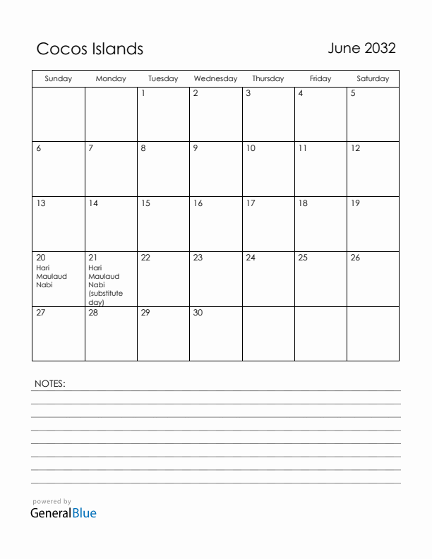June 2032 Cocos Islands Calendar with Holidays (Sunday Start)