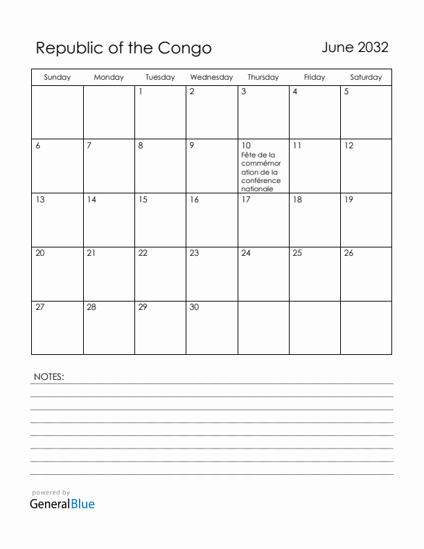 June 2032 Republic of the Congo Calendar with Holidays (Sunday Start)