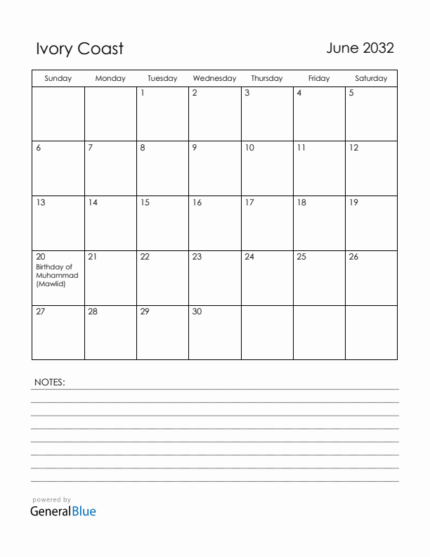 June 2032 Ivory Coast Calendar with Holidays (Sunday Start)