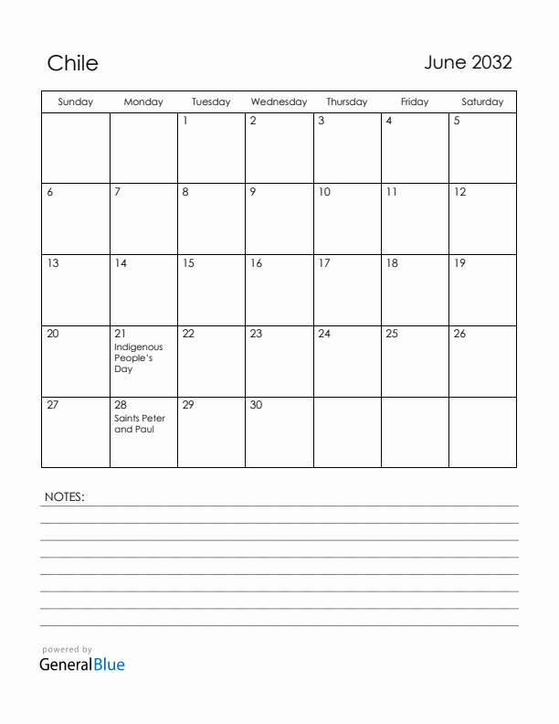 June 2032 Chile Calendar with Holidays (Sunday Start)
