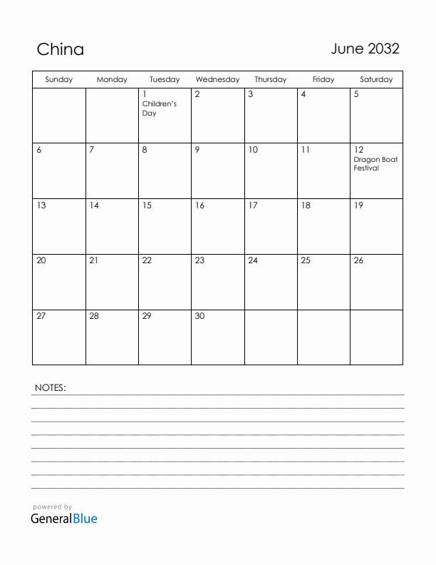 June 2032 China Calendar with Holidays (Sunday Start)