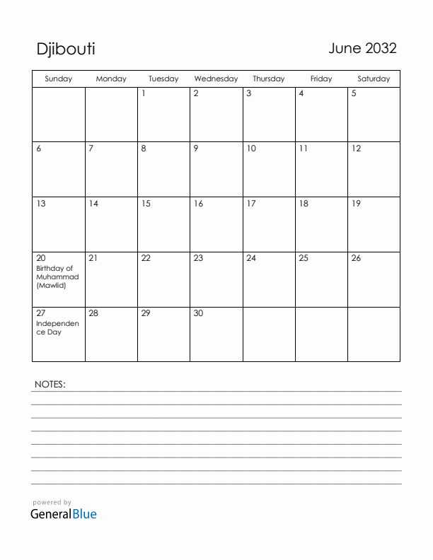 June 2032 Djibouti Calendar with Holidays (Sunday Start)