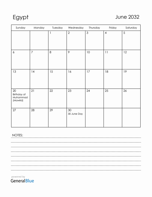 June 2032 Egypt Calendar with Holidays (Sunday Start)