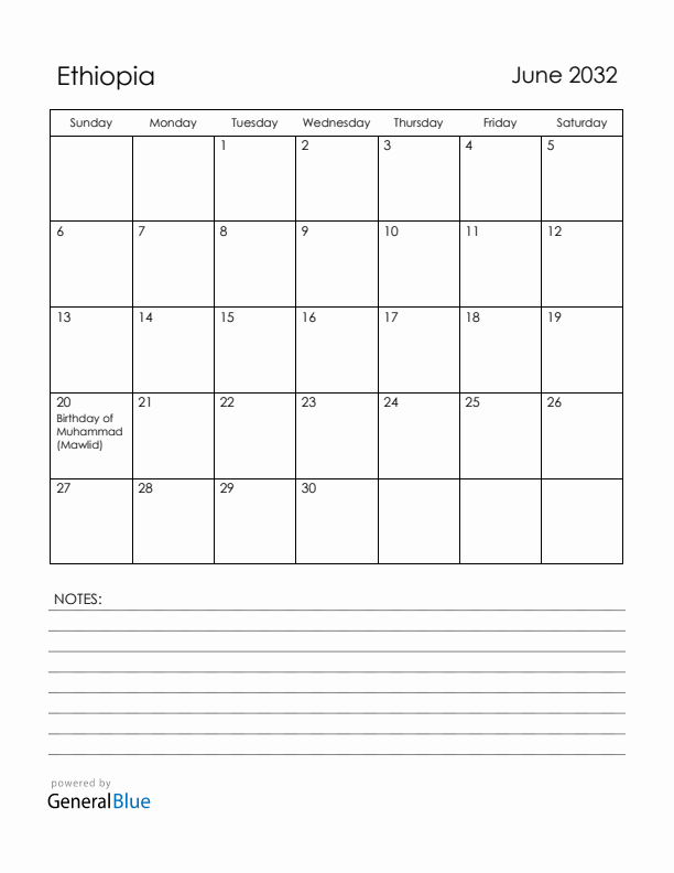 June 2032 Ethiopia Calendar with Holidays (Sunday Start)