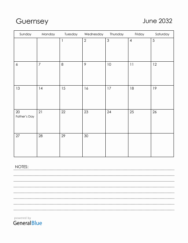 June 2032 Guernsey Calendar with Holidays (Sunday Start)
