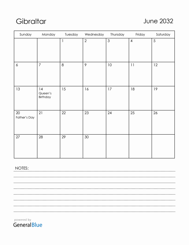 June 2032 Gibraltar Calendar with Holidays (Sunday Start)