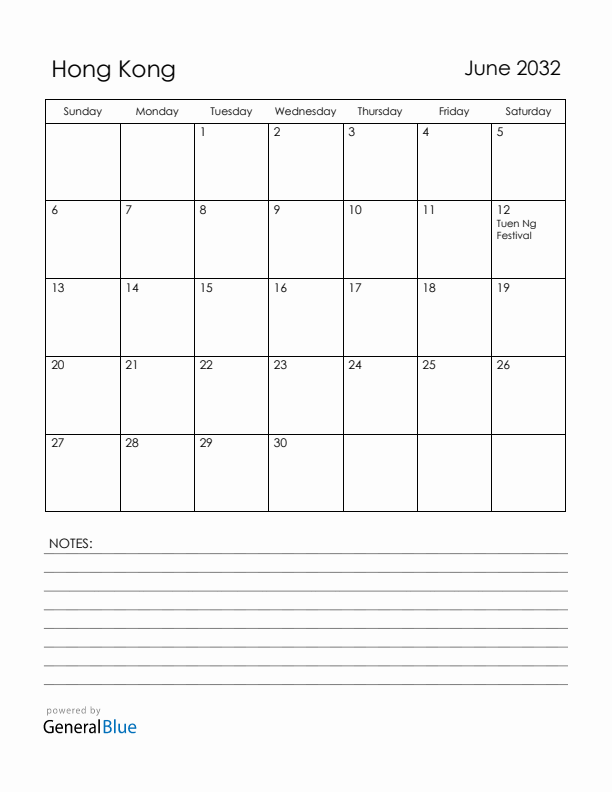 June 2032 Hong Kong Calendar with Holidays (Sunday Start)