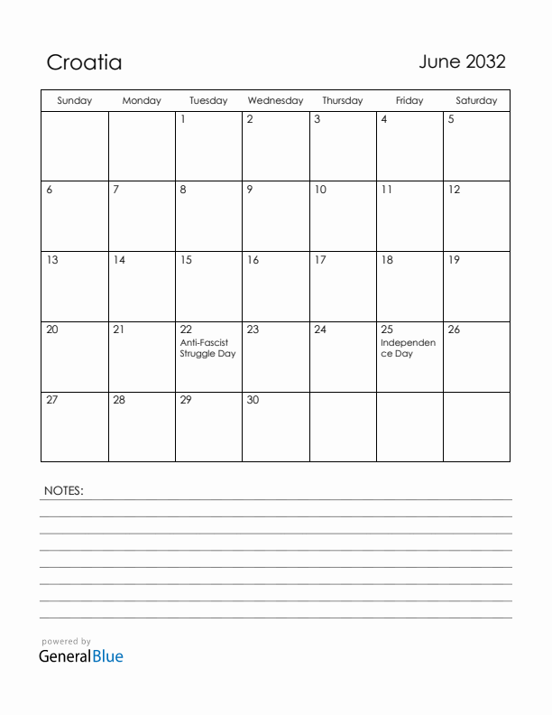 June 2032 Croatia Calendar with Holidays (Sunday Start)