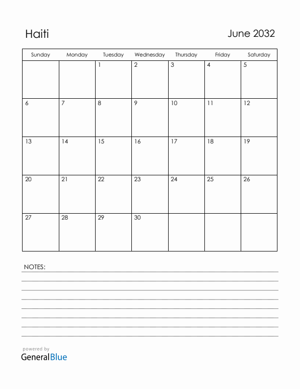 June 2032 Haiti Calendar with Holidays (Sunday Start)