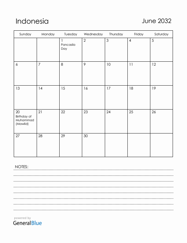 June 2032 Indonesia Calendar with Holidays (Sunday Start)