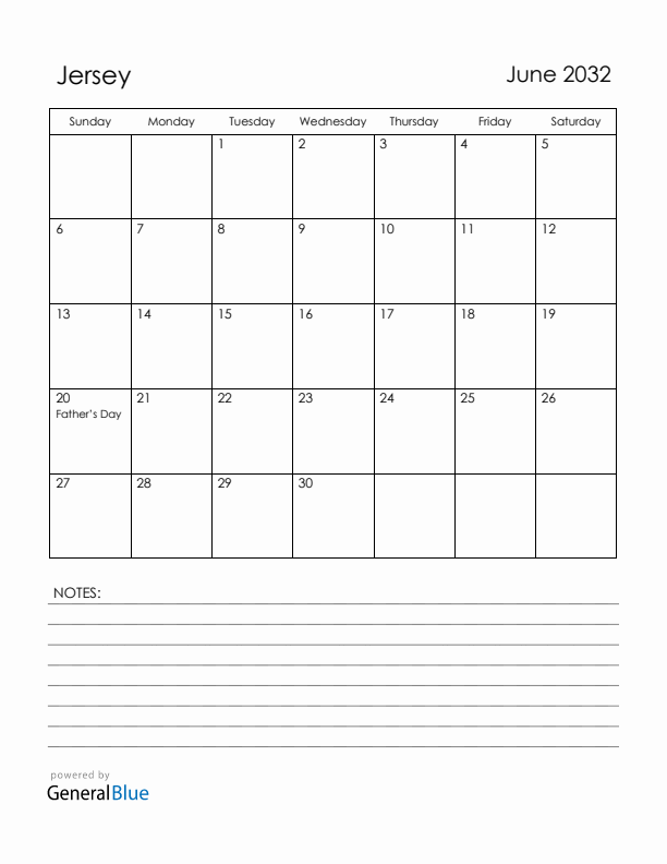 June 2032 Jersey Calendar with Holidays (Sunday Start)