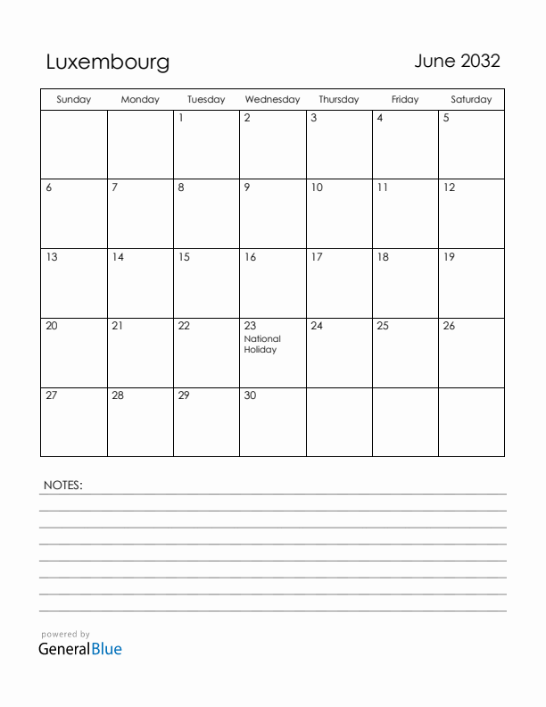 June 2032 Luxembourg Calendar with Holidays (Sunday Start)