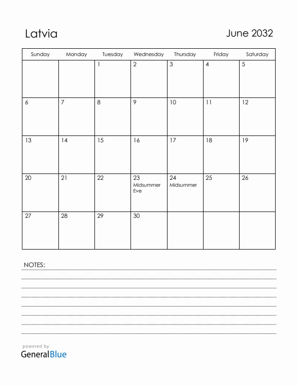 June 2032 Latvia Calendar with Holidays (Sunday Start)