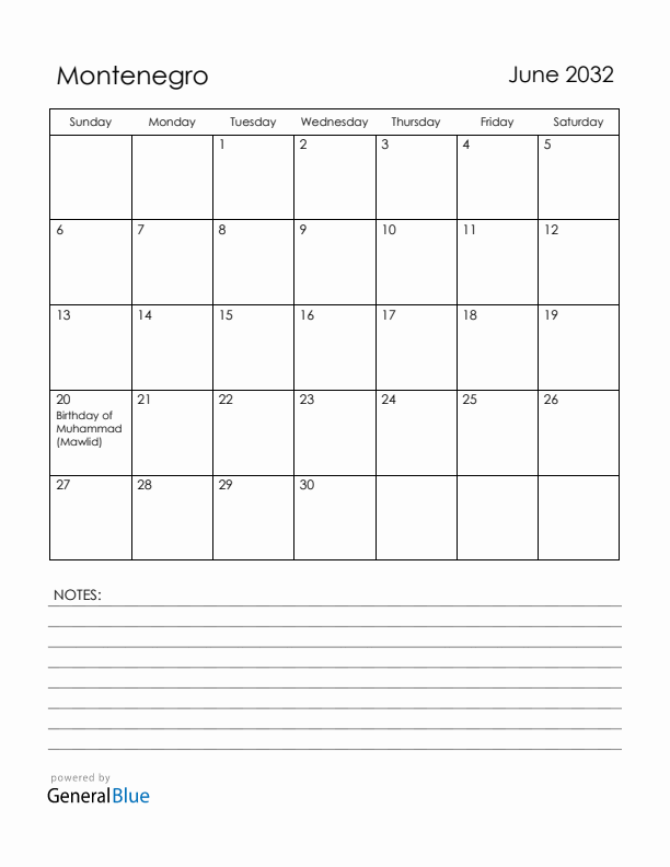 June 2032 Montenegro Calendar with Holidays (Sunday Start)