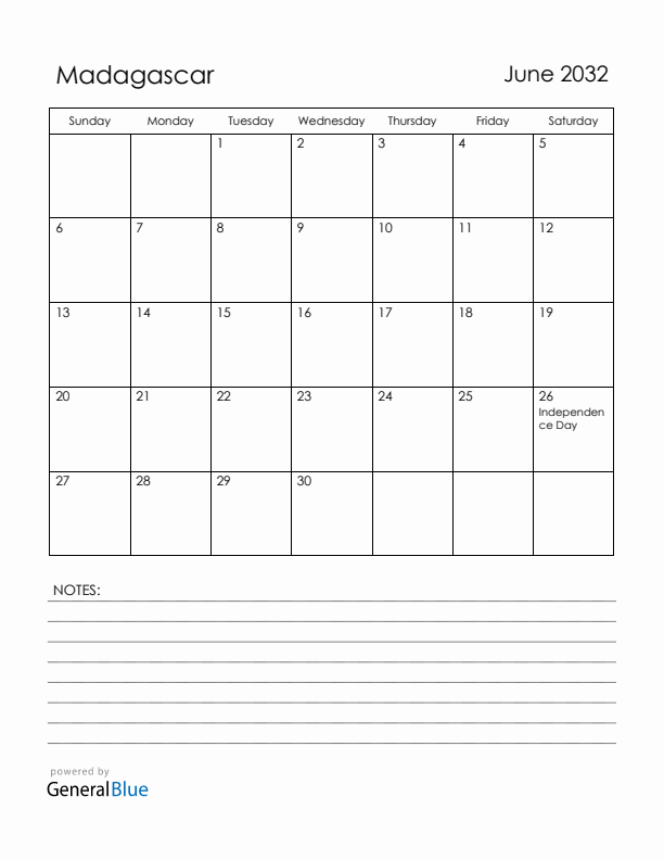 June 2032 Madagascar Calendar with Holidays (Sunday Start)