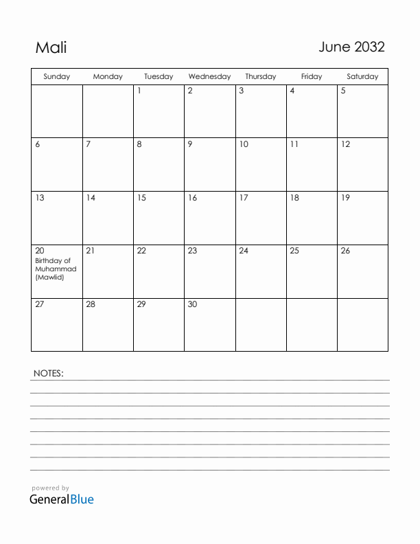 June 2032 Mali Calendar with Holidays (Sunday Start)