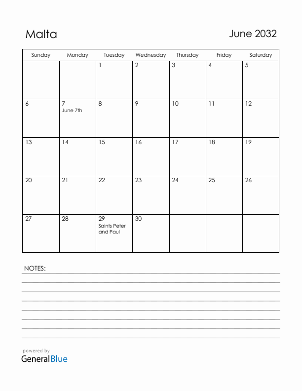 June 2032 Malta Calendar with Holidays (Sunday Start)