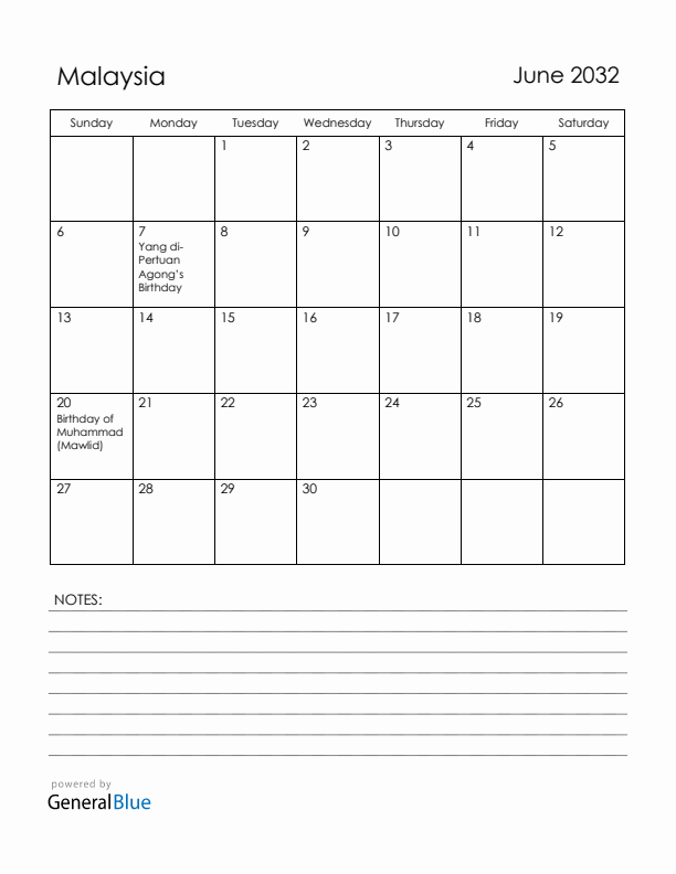 June 2032 Malaysia Calendar with Holidays (Sunday Start)
