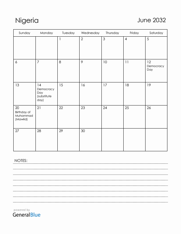 June 2032 Nigeria Calendar with Holidays (Sunday Start)