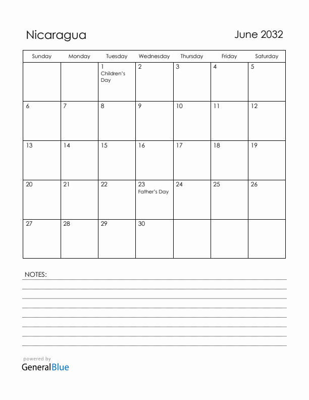 June 2032 Nicaragua Calendar with Holidays (Sunday Start)