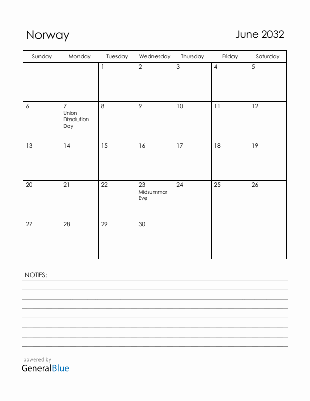 June 2032 Norway Calendar with Holidays (Sunday Start)