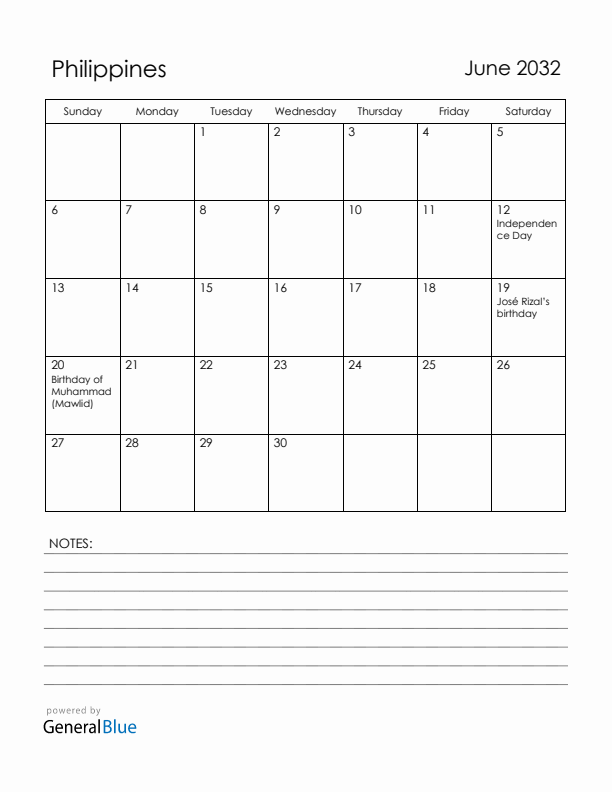 June 2032 Philippines Calendar with Holidays (Sunday Start)
