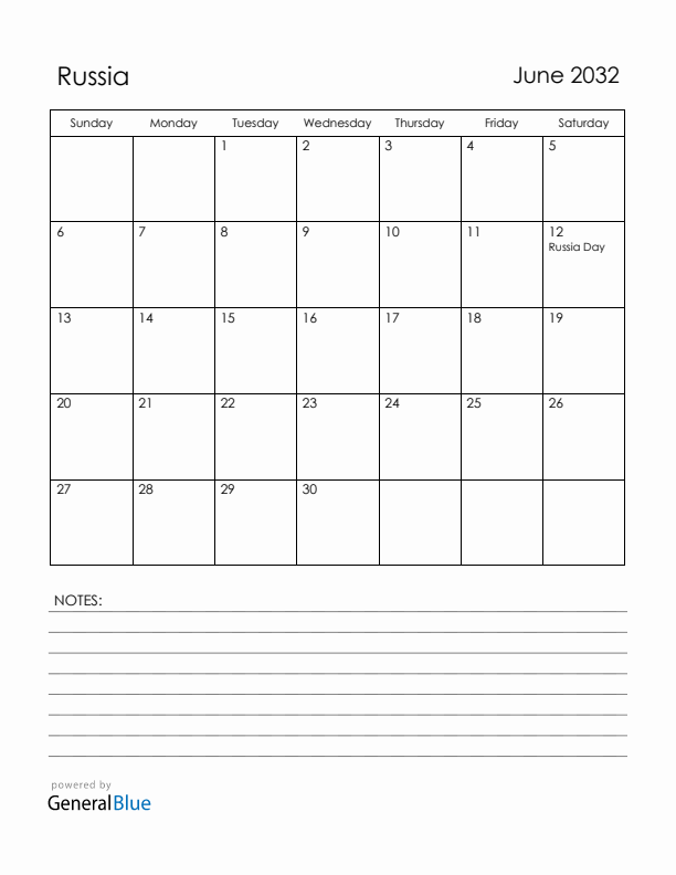 June 2032 Russia Calendar with Holidays (Sunday Start)