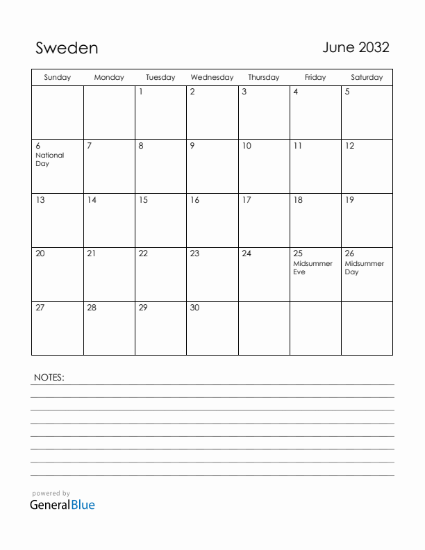 June 2032 Sweden Calendar with Holidays (Sunday Start)