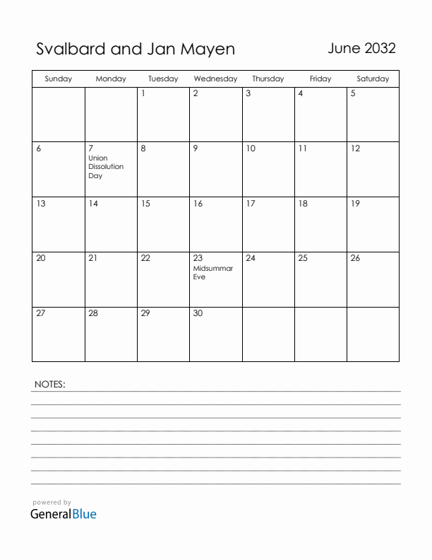 June 2032 Svalbard and Jan Mayen Calendar with Holidays (Sunday Start)