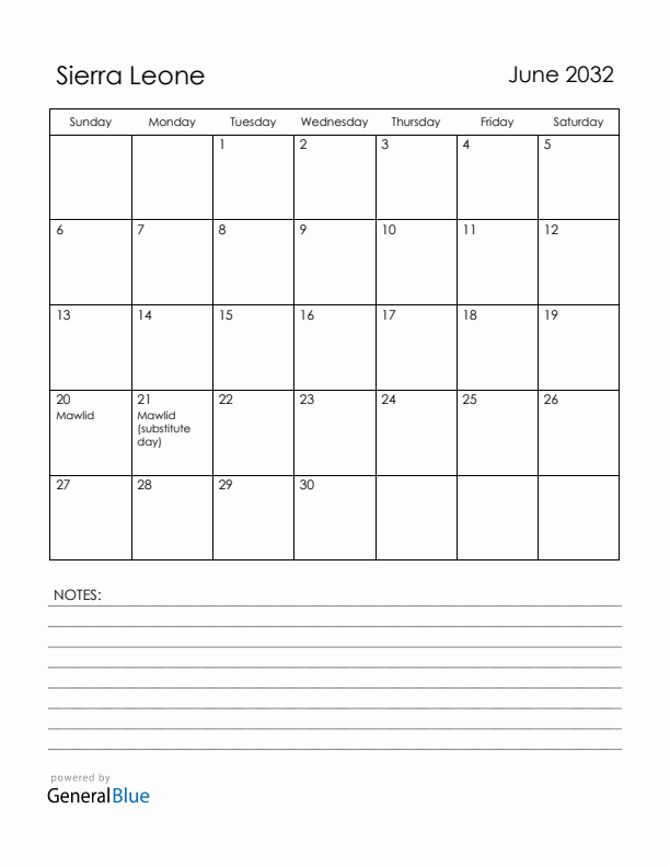 June 2032 Sierra Leone Calendar with Holidays (Sunday Start)