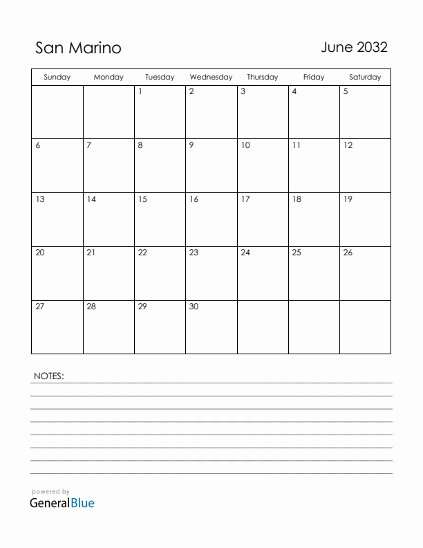 June 2032 San Marino Calendar with Holidays (Sunday Start)