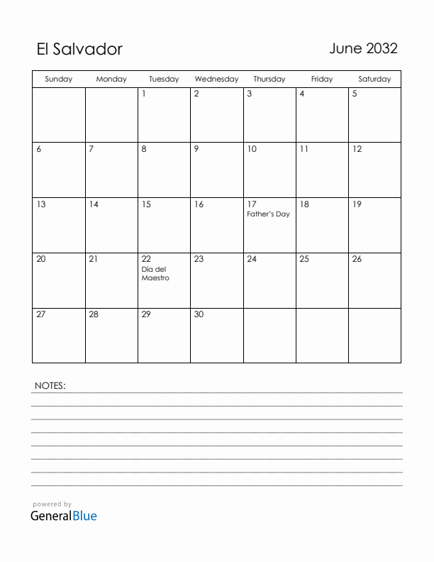 June 2032 El Salvador Calendar with Holidays (Sunday Start)