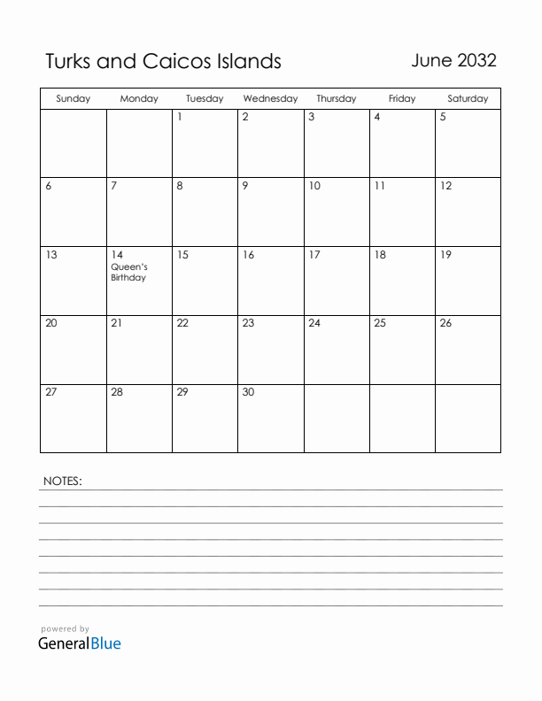 June 2032 Turks and Caicos Islands Calendar with Holidays (Sunday Start)
