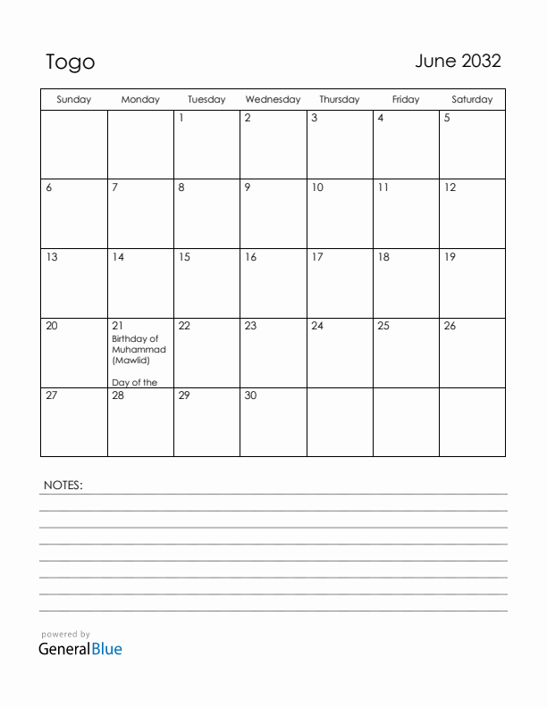 June 2032 Togo Calendar with Holidays (Sunday Start)