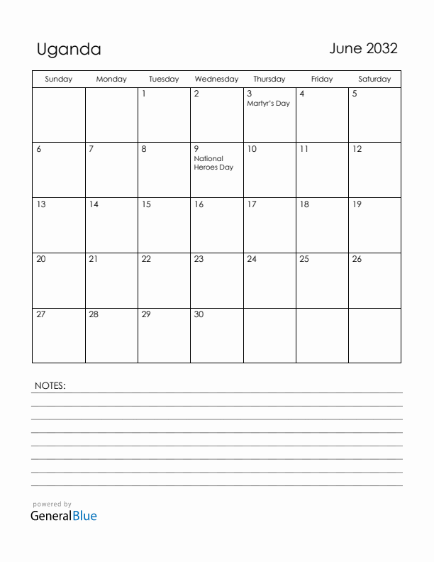 June 2032 Uganda Calendar with Holidays (Sunday Start)