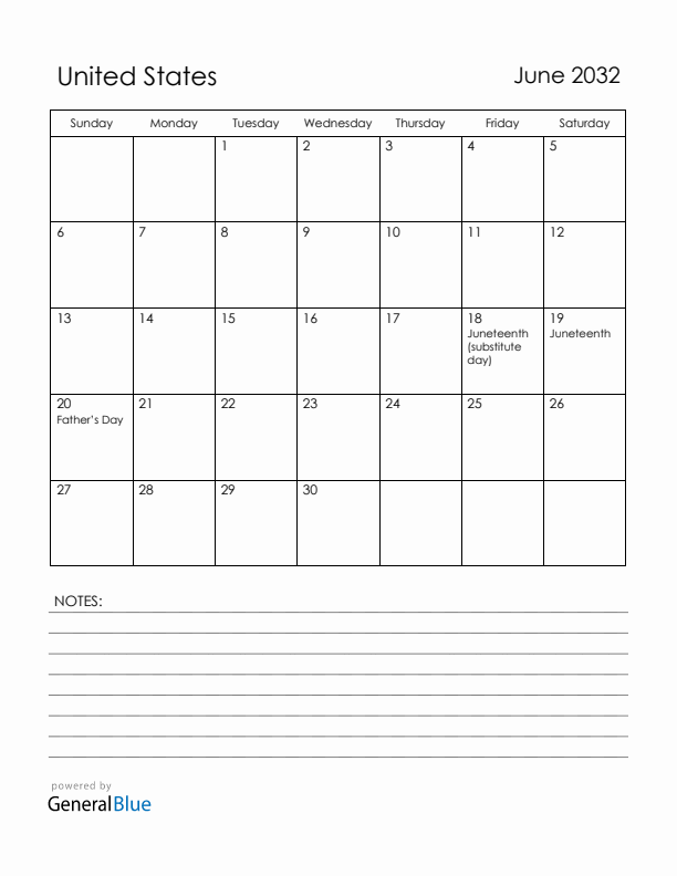 June 2032 United States Calendar with Holidays (Sunday Start)